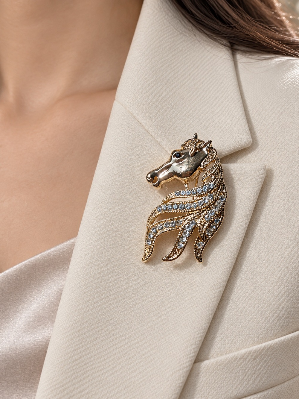 Gold Horse Head Brooch with Crystal Mane - Elegant Women's Jewelry